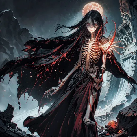 full-body shot, best quality, 4K, high resolution, masterpiece, Very detailed, Mood lighting, An undead girl in a long cape, Whole body including hands & arms & legs & feet are all skeleton bones but except the head is still beautiful human face, Wearing a...