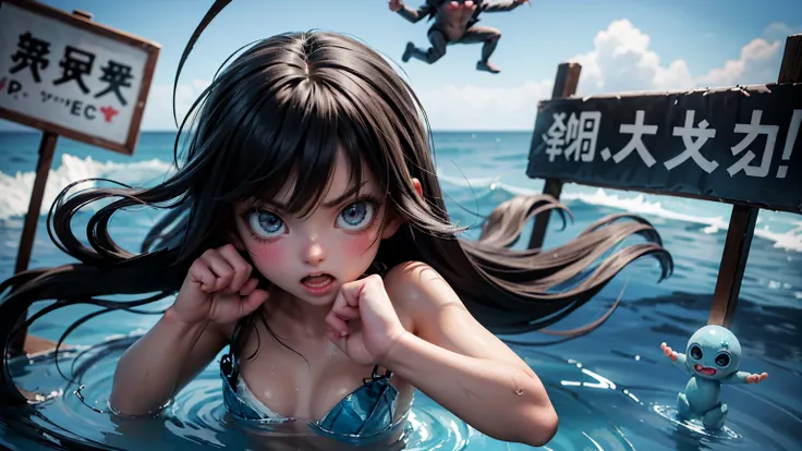 A cute girl with angry emotions with open mouth on face, girl stuck in blue water ice tub, He has thrown his hands up had stuck there. hands up for helping, holding a sign board with text  "Stuck on it small figures of monsters flying in different directio...