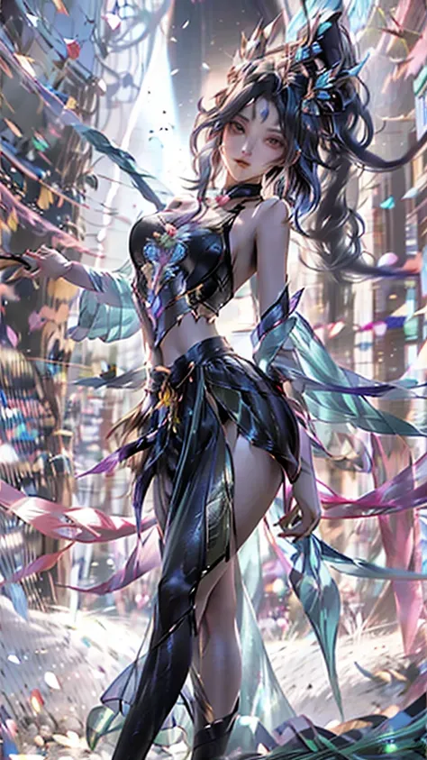 Full body fairy，2.5D CGI Anime Fantasy Artwork，Fairy Tale Fantasy，Chinese women，Possessing the beauty of a beautiful girl，Waist-length black hair，Perfect body proportions，Height 175 cm，The proportion of the three measurements is 92.8：.4.5，Thigh circumferen...