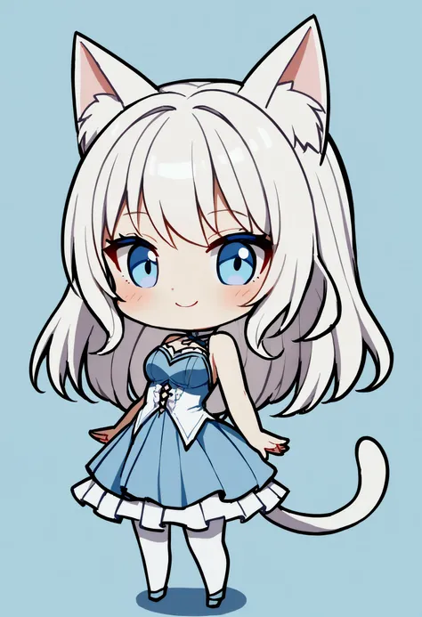 1girl with (((long))) white hair, blue eyes, slim body, Beautiful puffy white and blue dress, cat ears, cat tail, steel hall, medium breasts, white stockings, smiling, chibi style, simple background