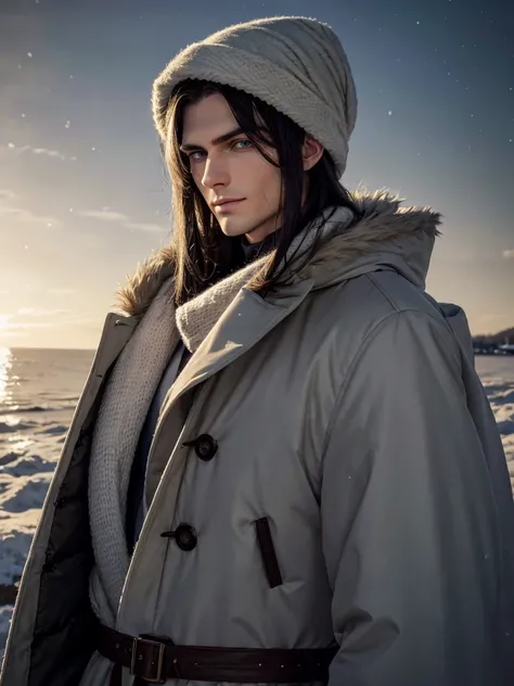 (best quality), 1boy, male, pale skin, black hair, medium hair, curtain hair, tousled hair, green eyes, perfect eyes, dark circles under eyes, tall, slender, handsome, strong jawline, lazy, light smile, attractive, sleepy, winter hat, winter coat, masterpi...