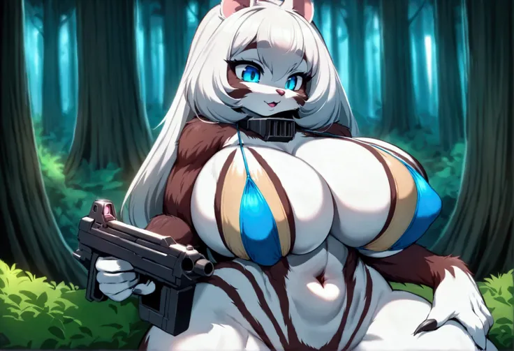 Star Wars, a chipmunk themed alien woman (sexy furry bikini, huge eyes, huge breasts, athletic, body fur, blaster pistol, cute) is sneaking up on an Imperial base. Forest
