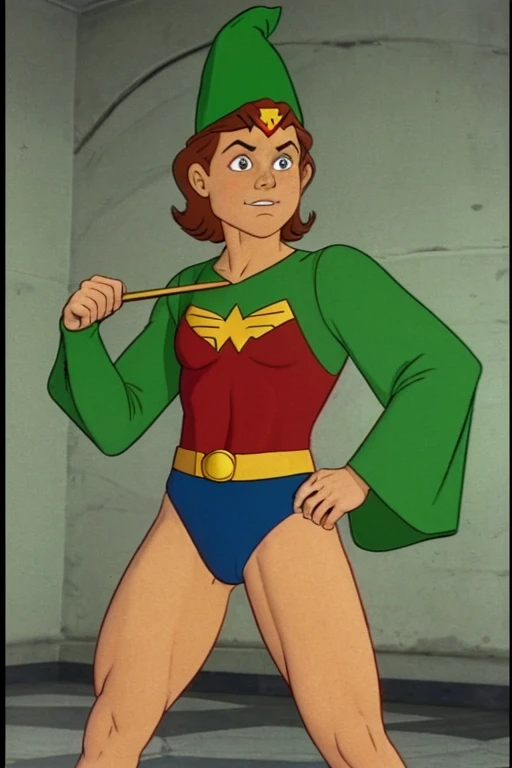 a redhead cartoon character, wonder woman outfit, green leotard, very muscular, 14 year old male wizard, 1980s cartoon, animated episode still, Presto (((mad))), ((Wears a wizard hat))