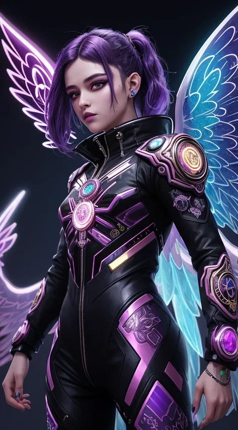 Score_9, Score_8_up, Score_7_up, Score_6_up, Score_5_up, Score_4_up, masterpiece, best quality, BREAK Round badge, cyberpunk badge, FuturEvoLabBadge, BREAK 1girl, depicts a winged girl on the back. The main subject is a mythical creature with wings, This h...