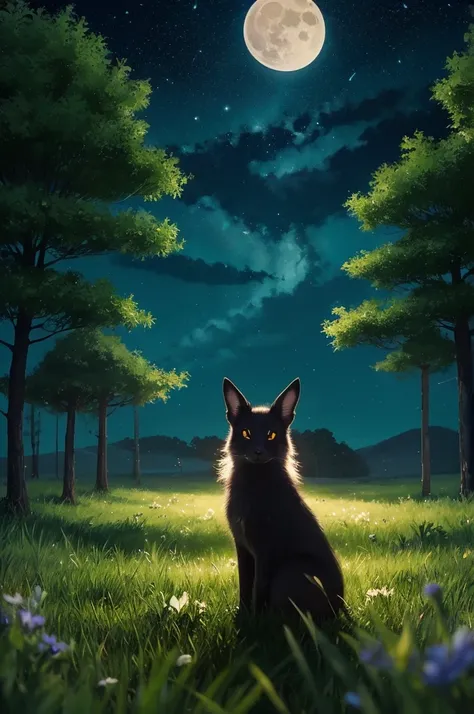 A beautiful image of Umbreon sitting in a field of grass with a full moon shining brightly in the background. The scene is illuminated with a magical glow, creating an ethereal atmosphere. The grass is detailed with glowing specks, and the night sky is cle...