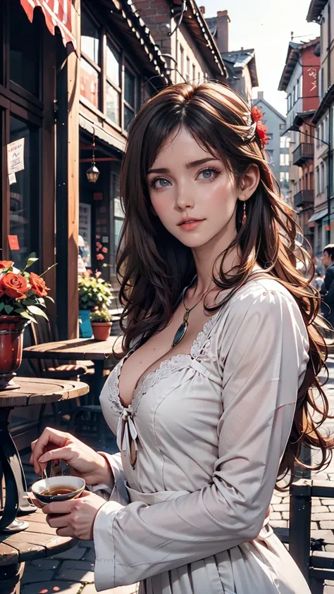 On a European cafe terrace、Elegant woman holding a tea cup、Gazing into the distance。Cobblestone streets and historic buildings are in the background.