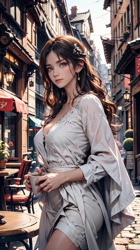 On a European cafe terrace、Elegant woman holding a tea cup、Gazing into the distance。Cobblestone streets and historic buildings are in the background.