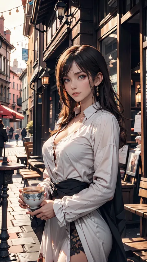 On a European cafe terrace、Elegant woman holding a tea cup、Gazing into the distance。Cobblestone streets and historic buildings are in the background.