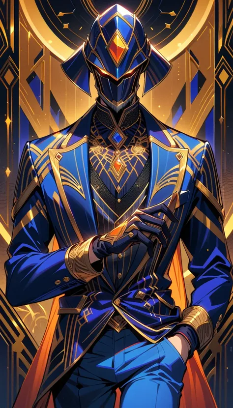 ((best quality)) , ((masterpiece)) , (detailed)，1boy, male focus, solo, shirt, helmet, pants, denim, armor, facial hair, blue pants, gloves, beard, jeans, holding,(((art deco style. geometric shapes, bold colors, luxurious, elegant, decorative, symmetrical...