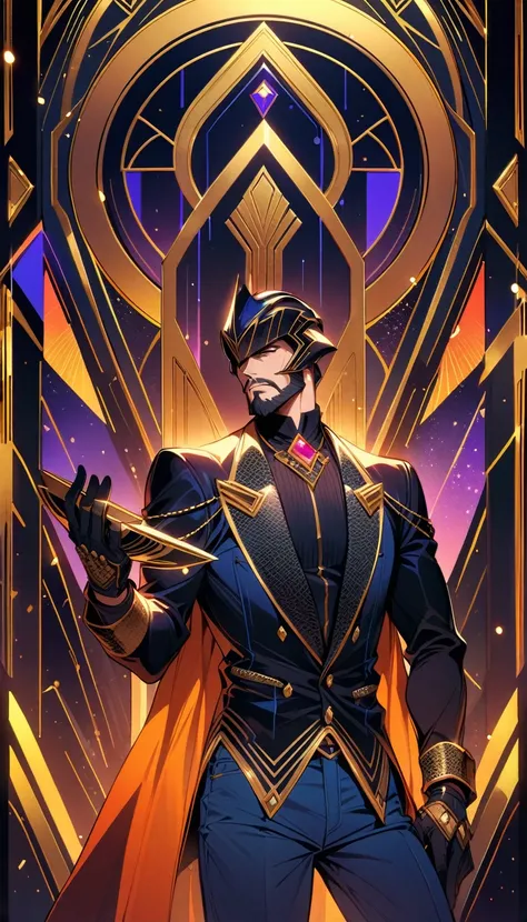 ((best quality)) , ((masterpiece)) , (detailed)，1boy, male focus, solo, shirt, helmet, pants, denim, armor, facial hair, blue pants, gloves, beard, jeans, holding,(((art deco style. geometric shapes, bold colors, luxurious, elegant, decorative, symmetrical...