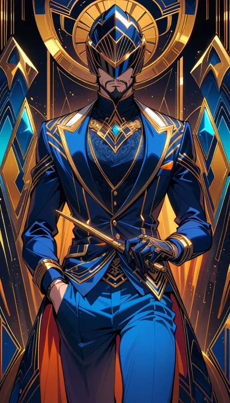 ((best quality)) , ((masterpiece)) , (detailed)，1boy, male focus, solo, shirt, helmet, pants, denim, armor, facial hair, blue pants, gloves, beard, jeans, holding,(((art deco style. geometric shapes, bold colors, luxurious, elegant, decorative, symmetrical...