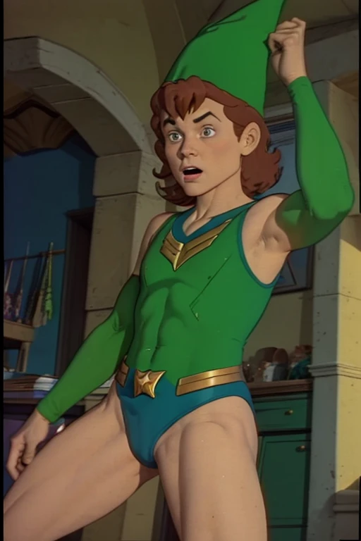 a redhead cartoon character, wonder woman outfit, green leotard, very muscular, 14 year old male wizard, 1980s cartoon, animated episode still, Presto (((mad))), ((Wears a wizard hat))