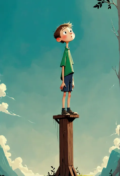 Stick Figure，Little boy standing on a wooden stake looking into the distance，Fear of heights，whole body, Solid color background