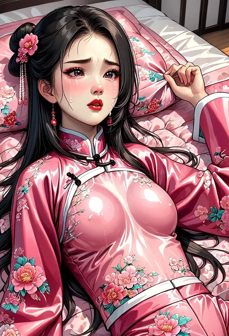 beautiful 20-year-old street performer from china　beautiful black-haired girl　she is wearing a shiny pink embroidered long sleev...