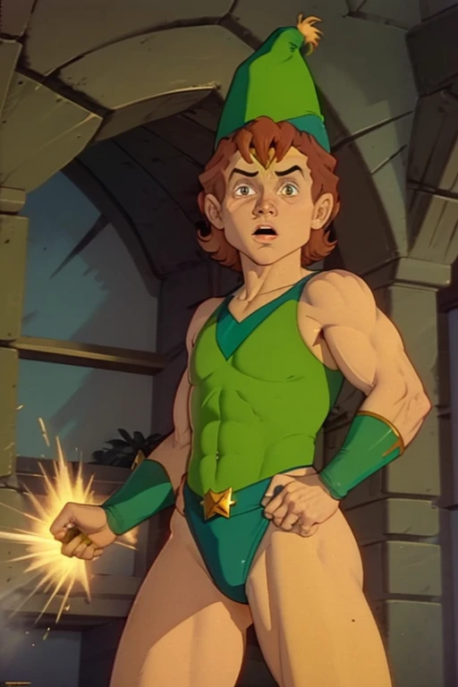 a redhead cartoon character, wonder woman outfit, green leotard, very muscular, 14 year old male wizard, 1980s cartoon, animated episode still, Presto (((mad))), ((Wears a wizard hat))