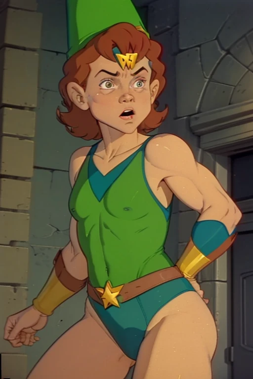 a redhead cartoon character, wonder woman outfit, green leotard, very muscular, 14 year old male wizard, 1980s cartoon, animated episode still, Presto (((mad))), ((Wears a wizard hat))