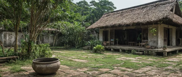 there is a large pot sitting outside of a building with a roof, old building, old house, old buildings, hut, longhouse, centre i...