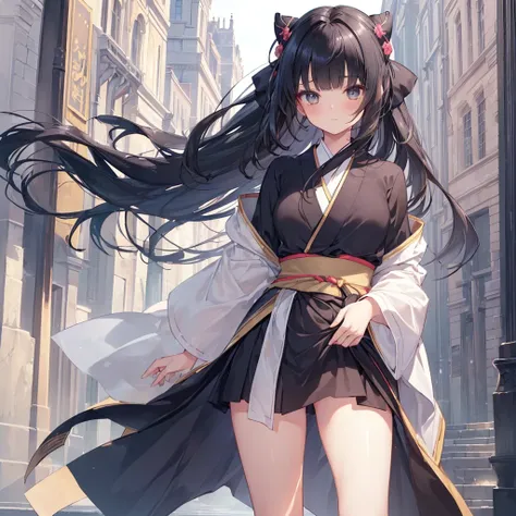 ((Highest quality, masterpiece)), (Up to the waist,One Girl:1.4), ((Perfect hands and arms、Perfect legs))Intricate details, Beautifully detailed face, View your audience, blush, , Black Hair, Long Hair, Blunt bangs, Happy, Are standing,(Naginata in one han...