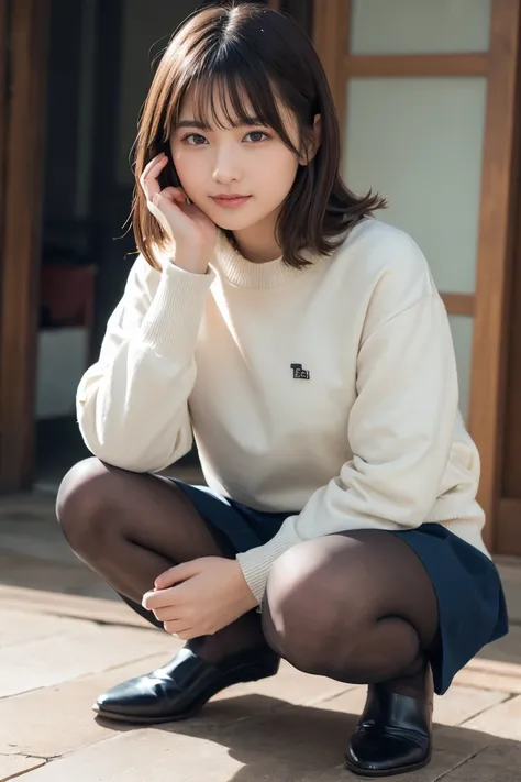 (Happy expression:1.26)、RAW Photos、(((The ultimate beauty full-body photography)))、((Glowing Skin))、1 girl、Beautiful 17 year old girl from Prague、Bright expression、((Brown haired))、Girl in sweatshirt、Skirt、View from the floor、(Long stockings or pantyhose)、...