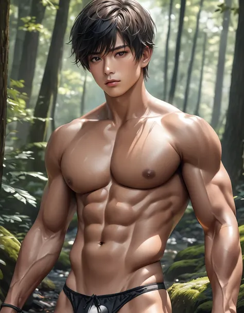 high quality, detailed, Realistic,(one 22 years old tanned japanese boys:1.5), (detailed black eyes), (black short hair), (muscle:1.5), (tanned dark brown skin), woods, (black tiny thong), (bulge), (detailed nipples), detailed areola, best quality, 4k, 8k,...