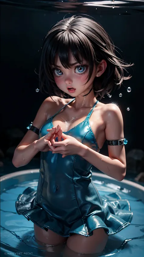 A cute girl with angry emotions with open mouth on face, girl stuck in blue water ice tub, holding onto blue water drops with their hands, hands up for helping, holding a sign board with text "Stuck on it little monsters floating around,