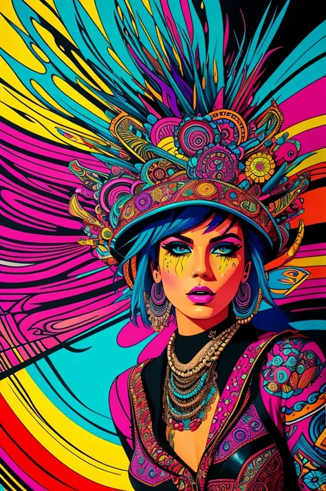 In a vibrant and surreal style, [Punk Rock Female] is depicted with bold colors, fluid lines, and intricate patterns, the composition blends psychedelic elements and cultural motifs, creating a dynamic and visually striking piece that captivates and intrig...