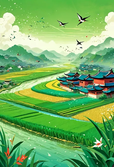 Qingming Festival Chinese countryside, plants and flowers, swallows, wicker, rice field, light rain, river, bright, spring green, bright background, blank at the top of the frame, flat illustration, Victo Ngai style --ar 1:2 --niji 5