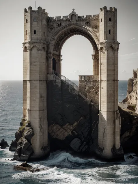 spiraling massive gothic monolothic structure with arches on a cliff, crashing waves and a sky tinged with the sun, hellenic, designed by Hidetaka Miyazaki, photography by Hélène Binet --ar 16:9 --c 3کپی 🀄