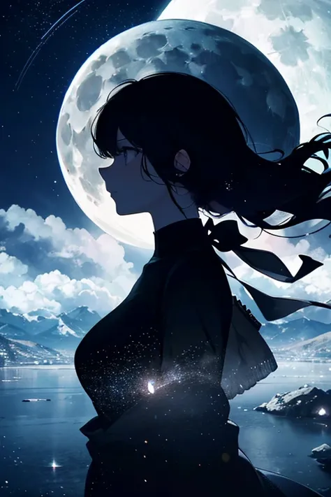 Highest quality,Big moon and shadow,A silhouette of a person can be seen against the backdrop of a large moon.,There is one full moon,There is a mood,Beautiful scenery,Starry Sky