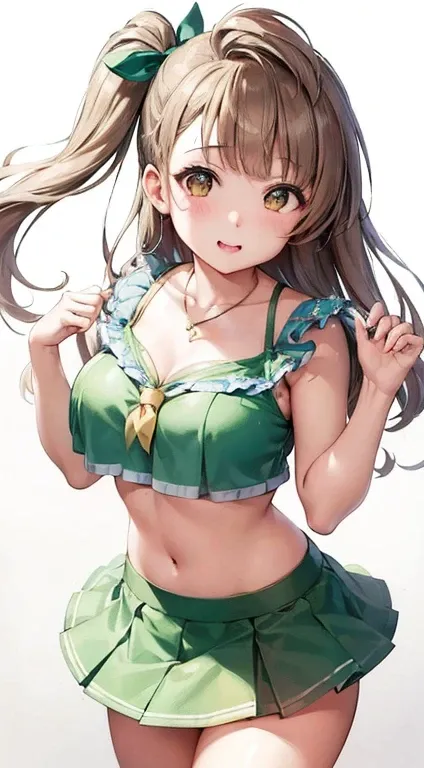 Minami Kotori, One side up, Hair Ribbon, masterpiece, Highest quality, High resolution, unity 8k wallpaper, figure, Detailed eyes, Highly detailed face, Extremely detailed CG, Glossy Lips, light makeup, Are standing, Halter top, Ruffled tiered mini skirt, ...