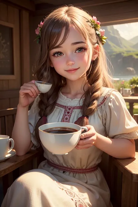 a smiling young girl with rosy cheeks, wearing an island dress, sitting on a coffee cup, beautiful detailed eyes, beautiful detailed lips, extremely detailed eyes and face, long eyelashes, hyper realistic, highly detailed, 8k, masterpiece, cinematic lighti...