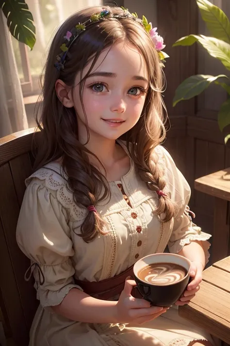 a smiling young girl with rosy cheeks, wearing an island dress, sitting on a coffee cup, beautiful detailed eyes, beautiful detailed lips, extremely detailed eyes and face, long eyelashes, hyper realistic, highly detailed, 8k, masterpiece, cinematic lighti...