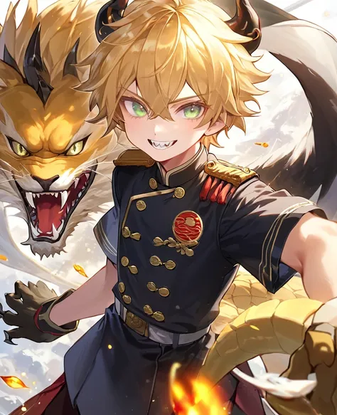 (masterpiece), Highest quality, One Boy, Dragon Man, Golden Scales, Blonde, Silver Eyes, Longitudinal pupils, (child), tooth, tail, wing, Claws, horn, Chinese style military uniform, High resolution