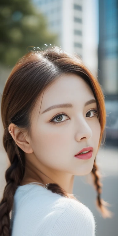 ((Highest quality, 8k, masterpiece: 1.3)), Sharp focus: 1.2, Beautiful woman with perfect style: 1.4, Slim Abs: 1.2, Braid, ((Dark brown hair, big: 1.2)), (Natural light, City Street: 1.1), Highly detailed face and skin texture, Detailed eyes, double eyeli...