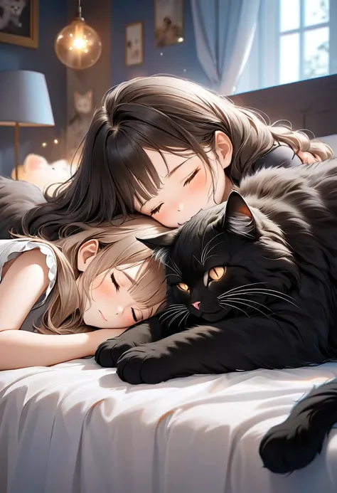 Magestic black maincoon giant cat and  cute girl,  (cat bigger than the girl):1.5, giant fluffy adorable cat, leaning and sleeping side by side together on the bed, girl and cat happy full atmosphere, highly detailed, cinematic lighting, complex Detailed, ...