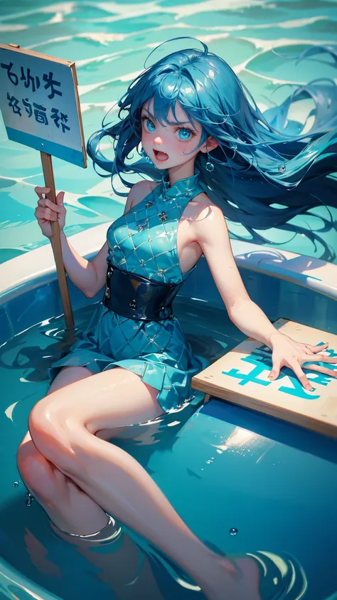 A cute girl with angry emotions with open mouth on face, girl stuck in blue water ice tub, holding onto blue water drops with their hands, hands up for helping, holding a sign board with text "Stuck on it little monsters floating around,