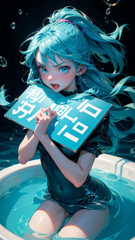 A cute girl with angry emotions with open mouth on face, girl stuck in blue water ice tub, holding onto blue water drops with their hands, hands up for helping, holding a sign board with text "Stuck on it little monsters floating around,