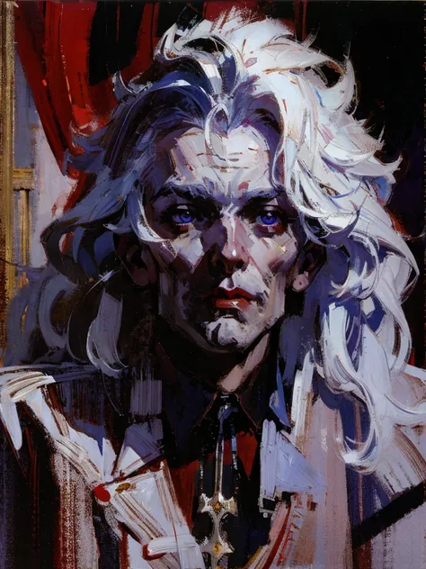 full - length portrait，Vampire woman wearing gothic style clothes，Sexy and charming，long  white hair，Eyes red，blood in the corners of the mouth，small leather bootilluminated wild area，Surrealism，painting-like，inking，acrylic painting-like，work of art，Gothic...