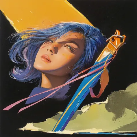 peinture d&#39;une femme aux cheveux bleus tenant un cerf-volant dans le ciel, Leiji Matsumoto, Masamune Shiro, masamune, art de guidage dynamiquework, Mœbius and tsutomu nihei, illustration de Shigenori Soejima, art de guidage dynamique, Style Hirohiko Ar...