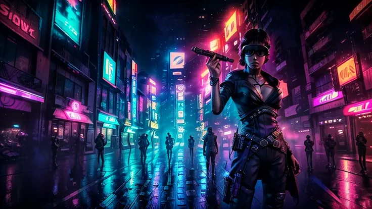 at night. sci-fi city street, neon-themed artwork with vibrant purple and blue colors, intense neon lights illuminating the entire scene, a dense layer of mist creating a dreamy atmosphere, a captivating and mesmerizing background with intricate details, a...