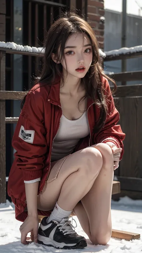 Wearing a red short jacket，White tube top，grey miniskirt，Close-up shot of young girl in black sneakers kneeling on snow，For the audience