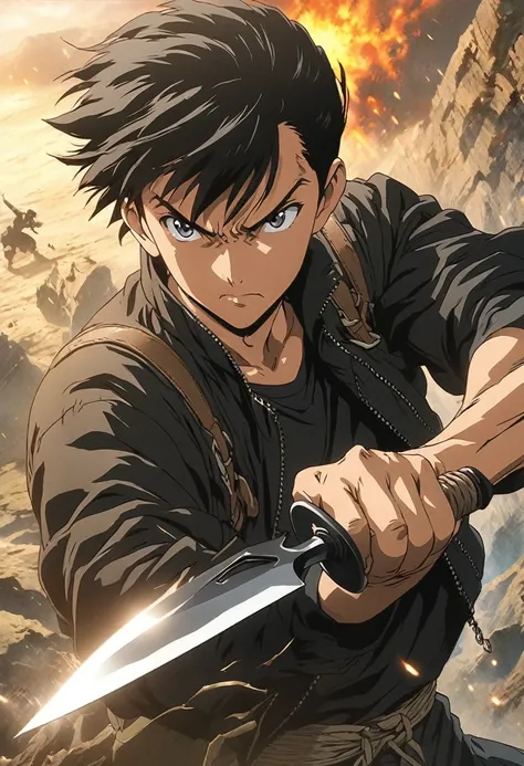 high quality, Anime man with knife, shigenori soejima illustration, trigger anime art style, ( ( ( yoh yoshinari ) ) ),4K, Official Art, Swinging a Kunai, shuushuu anime image, Official Fan Art,short hair, Black Hair, Black clothes,