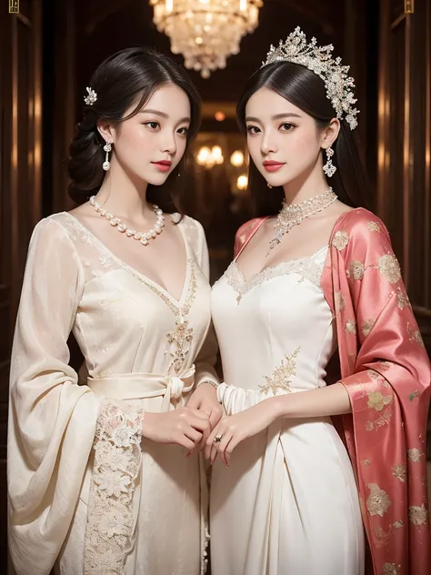 Events held in the palace, The atmosphere is elegant and formal., white porn dress, silk dress, empire dress, Decorative lace and ornaments, embroidery decoration, pearl necklace, pearl earrings, shiny hair clips, For women and men, side by side closely.