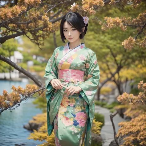 Generate me the most beautiful Japanese woman in the world , with a magnificent face very detailed very beautiful very original, a just magnificent Japanese outfit and a Japanese background