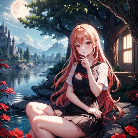 Red-blonde、Red eyes、One cute girl、solo、And soul、Light clothing、Checked mini skirt、petal、Wet hair、Sit on、black t-shirts、large tree、cloud、full moon、monster castle、lanthanum、Hell&#39;s Gate、Craft Gatekeeper、barefoot、Stones are piled up、Teeth are visible、Secre...