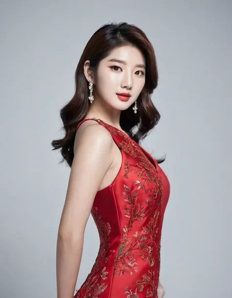 a woman in a redgown posing for a picture, in a redgown, wearing redgown, wearing a redgown, redgown, bae suzy, solo photoshoot, sexy redgown, girl wears a redgown, Korean female actress, wearing a red cheongsam, in front of the white back drop, korean art...