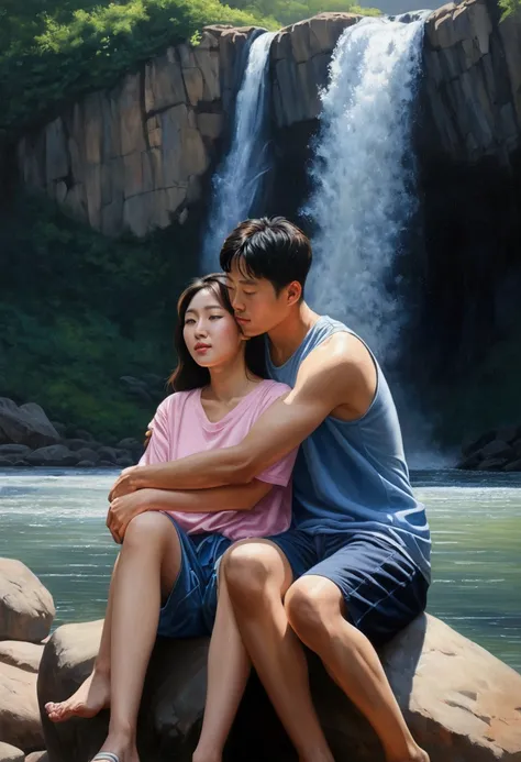 Hyperrealistic oil painting of a Korean couple hugging while sitting. One arm around its up front. He sat behind her while hugging her the back of his head to the side. He is a beautiful Korean woman, wearing off-pink oversized shoulder t-shirt and bare fe...