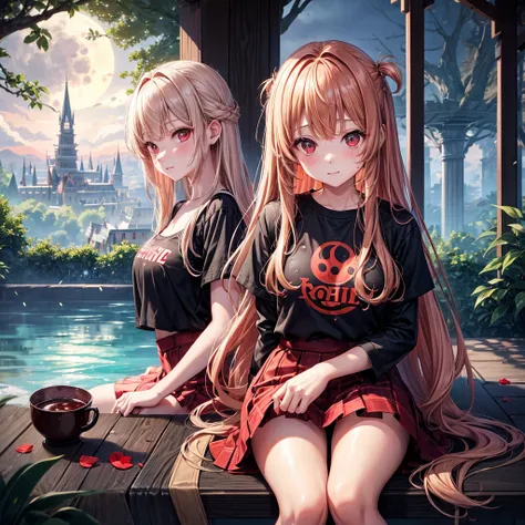 Red-blonde、Red eyes、One cute girl、solo、And soul、Light clothing、Checked mini skirt、petal、Wet hair、Sit on、black t-shirts、large tree、cloud、full moon、monster castle、lanthanum、Hell&#39;s Gate、Craft Gatekeeper、barefoot、Stones are piled up、Teeth are visible、Secre...