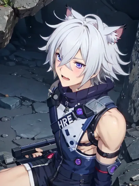 maleの子1人,alone,18-year-old,male,Sit in the cave,Shocked facial expression,blush,good looking,Messy Hair, White hair Blue eyes,Purple eyes, Cat ear　Side view　Kneeled　Open your mouth and scream　suffer　No sleeve