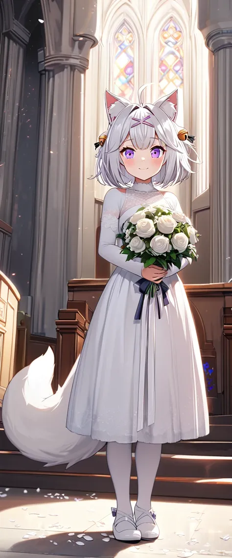 church, infront of the altar, church isle, 1girl, tall, 160cm, solo, filian, fluffy fox tail, small cat ears, white hair, short ...